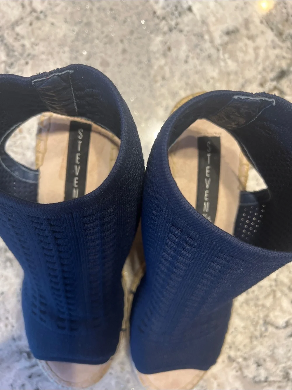 STEVEN by Steve Madden Evers Knit Espadrille Wedge Sandal Navy Blue Size 7.5 NEW